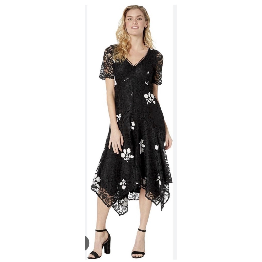 Taylor embroidered floral lace hi-low shift dress V Neck Short Sleeve S6